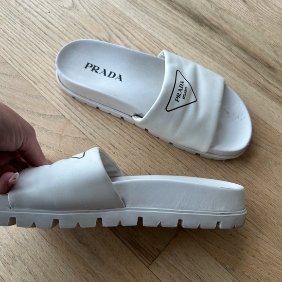 Prada White Leather Logo Slides - Picture 2 of 7